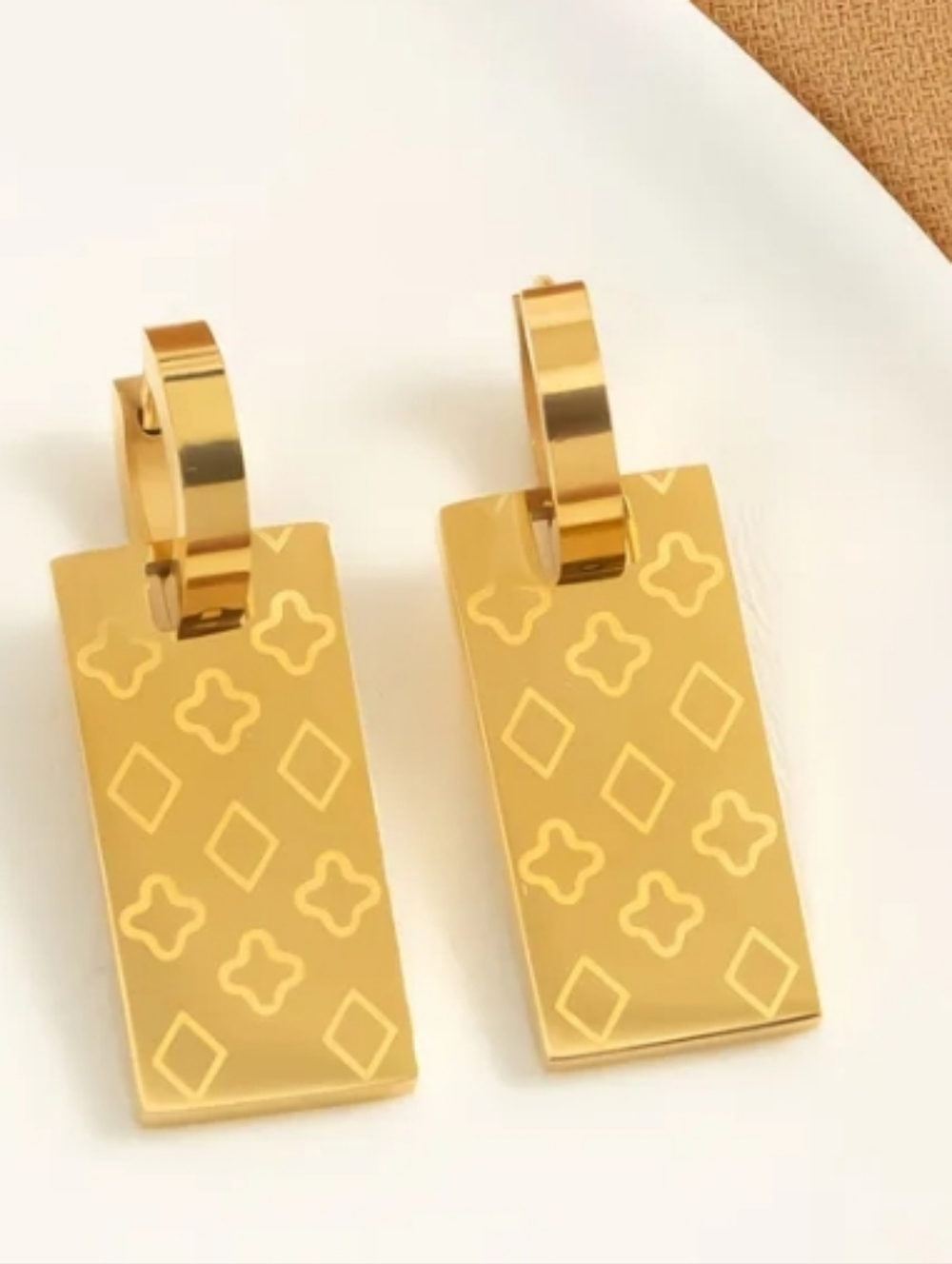 Gold Rectangular Patterned Hoop Drop Earrings